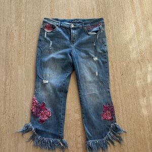 INC Women’s Western cowgirl Blue Jeans with Pink Floral Embroidery and fringe’s